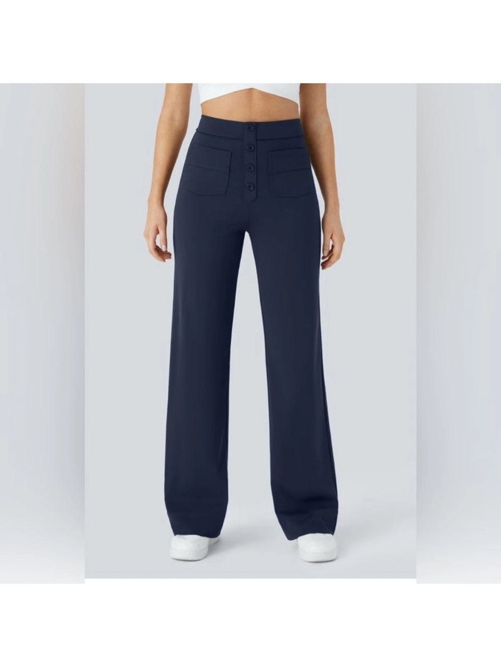 Halara High Waisted Button Multiple Pockets Straight Leg Casual Pant Navy NWT Sm